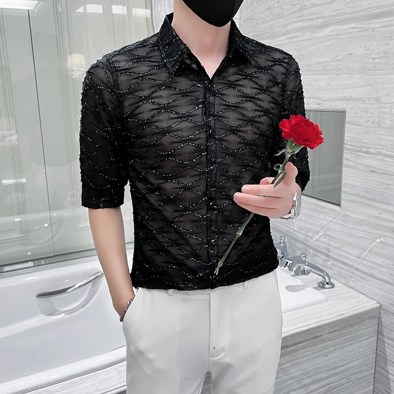

Plus Size 4XL-M Spring Summer Half Sleeve Lace Shirts Men Clothing 2022 Slim Fit Casual Club/Prom/Singer Tuxedo Chemise Homme