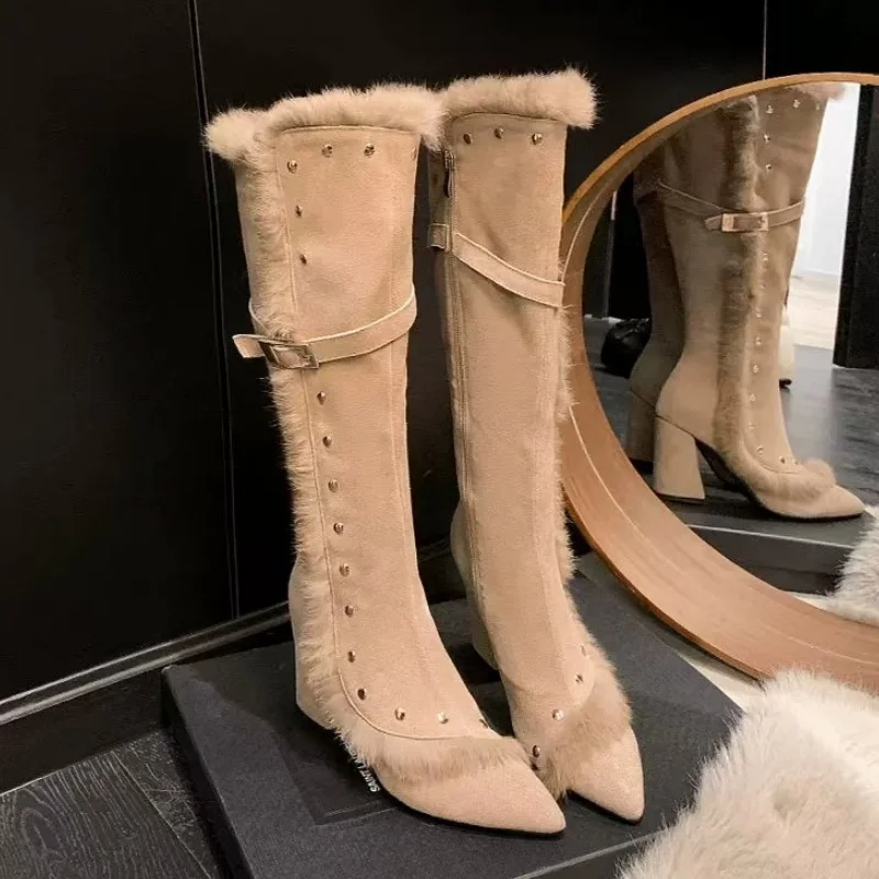 Зимние женские высокие сапоги на меху туфли высоком каблуке зимние с острым