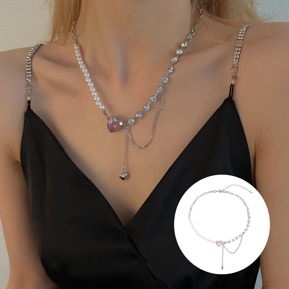 

New Goth Pink Crystal Heart Pendant Pearl Zircon Chain Collares Aesthetic Necklace For Women Y2K Sweet Jewelry Accessories