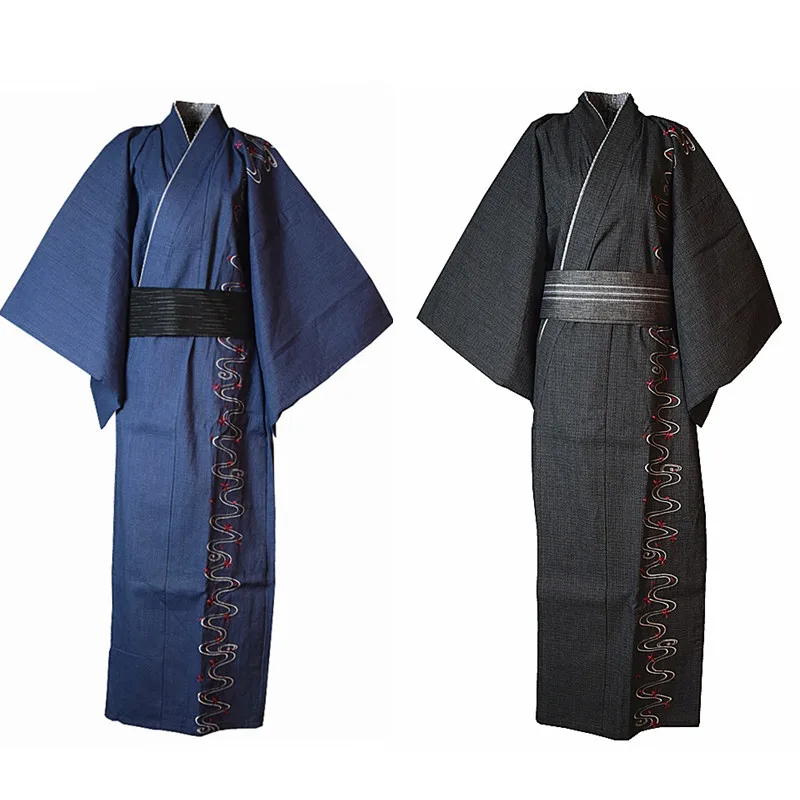 Men Japanese Style Kimono Yukata Bathrobe Pajamas embroidery Cotton Robe Thick Clothing Long Summer