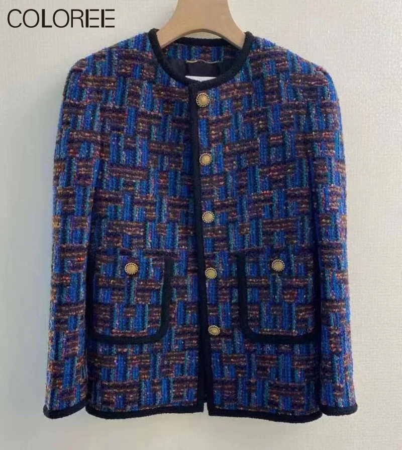 

Женская винтажная твидовая куртка, фиолетовая Клетчатая Шерстяная Куртка с золотыми пуговицами, Роскошный дизайнерский жакет, 2022