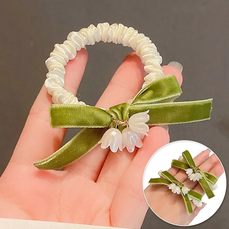

Green Bowknot Hair Band Tulip Flower Rubber Band Lily of the Valley Pony Tail Hair Rope Headwear Jewelry Accessories Party Gifts