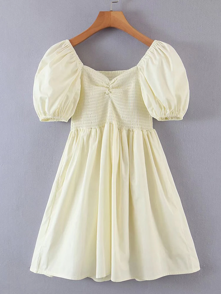 

YENKYE 2022 Summer Women Vintage Apricot Puff Sleeve Dress Sexy V Neck Ladies Casual Dress Short Vestido