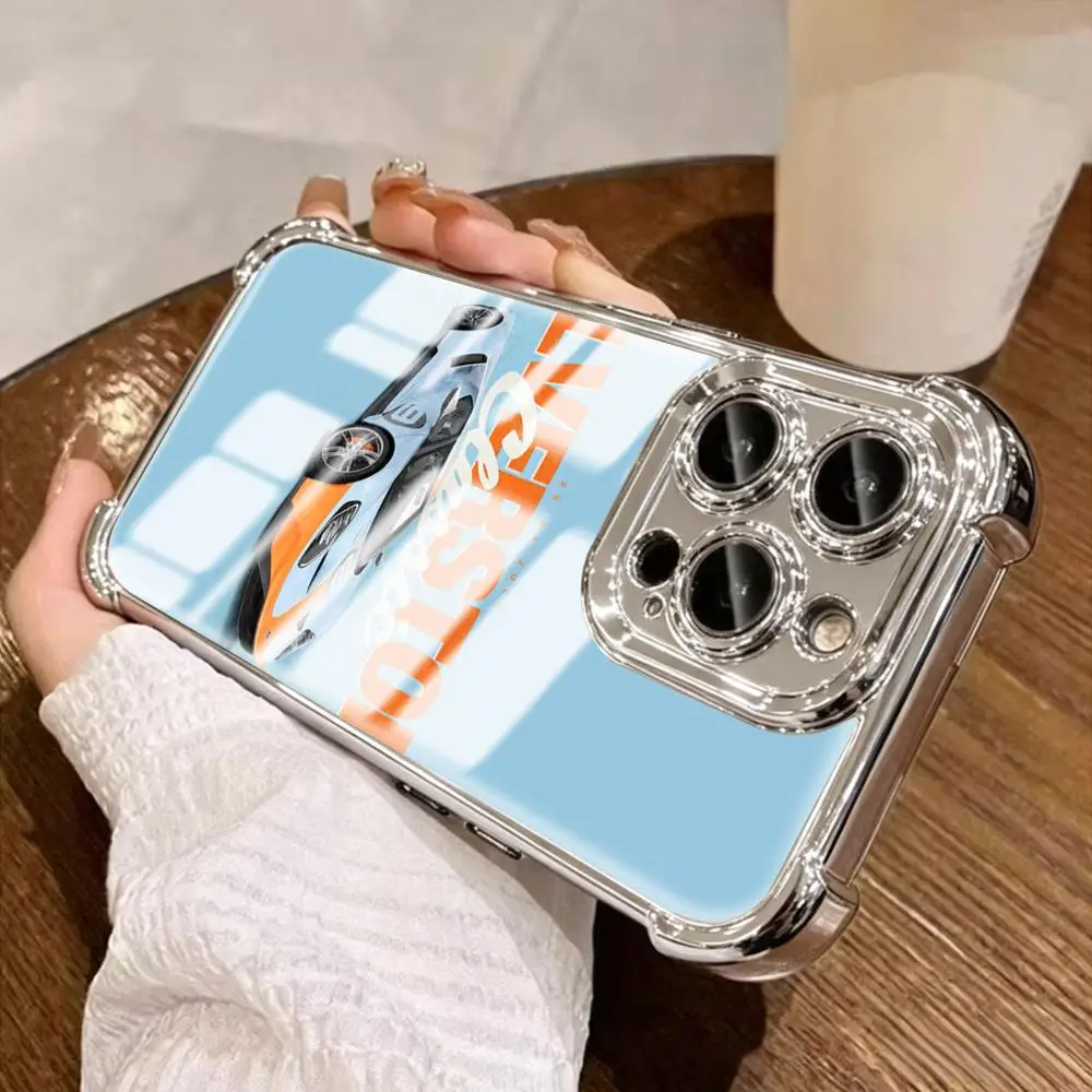 Фото Чехол для телефона Car GulfS Racing для iPhone 17 16 15 14 13 12 11 Plus Pro Max, золотой/серебряный, с защитой углов, ударопрочное стекло №4