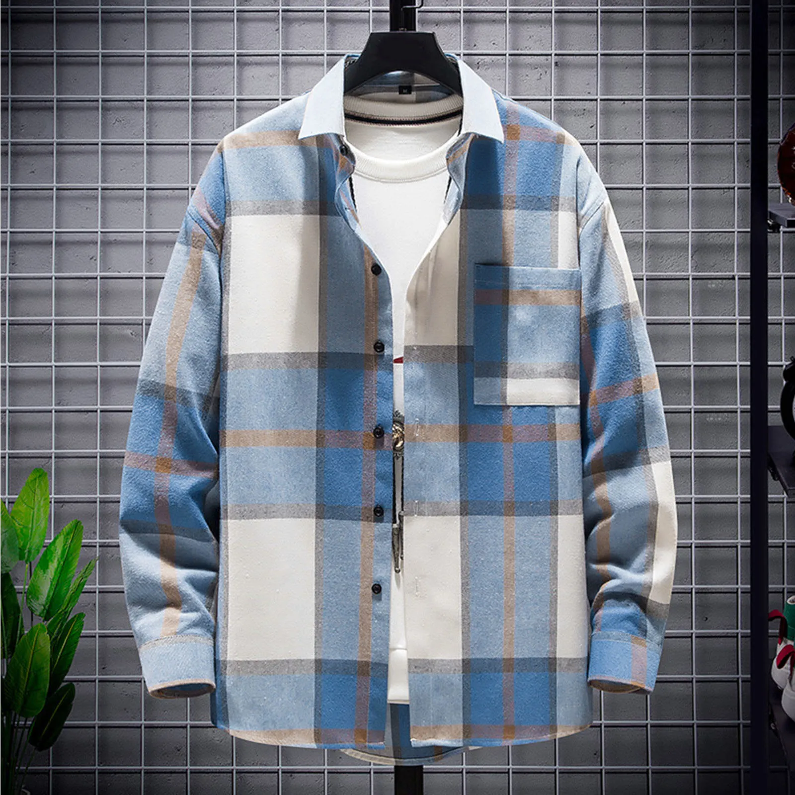 

Men Plaid Shirt Spring Autumn Fashion Large Size Pockets Long Sleeve Top Turn-down Collar Single-breasted Shirts Мужская рубашка