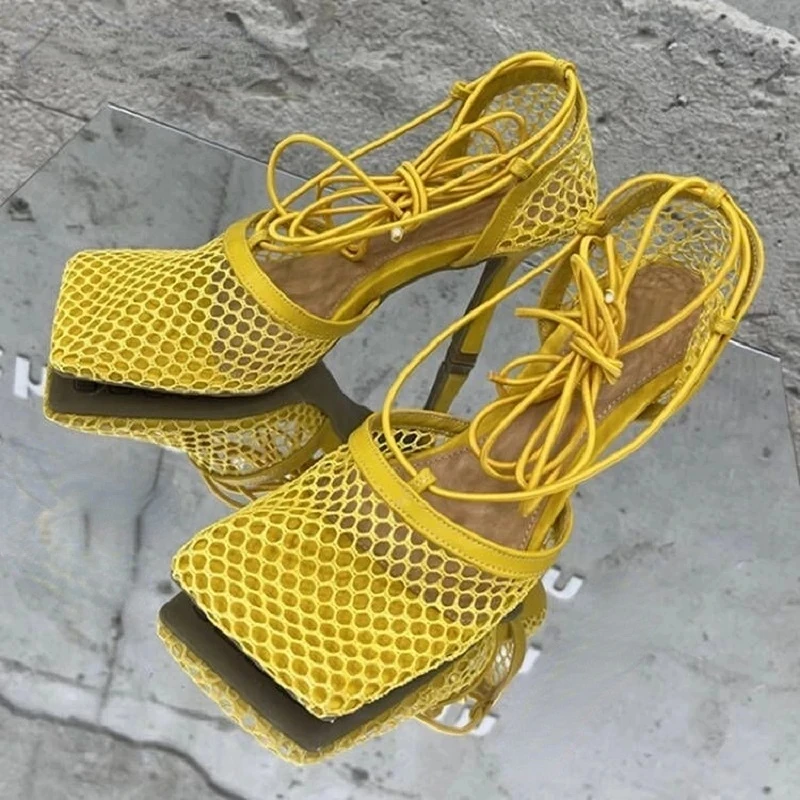 

Женские сетчатые босоножки на высоком каблуке-шпильке, с квадратным носком и перекрестной шнуровкой, летние сандалии, 2023