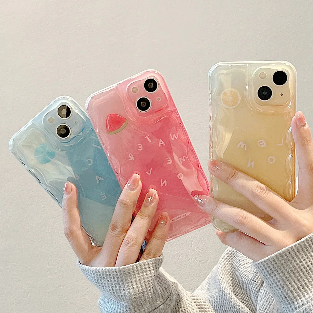 

Transparent Gradient Cute Fruit Wavy Phone Case For iPhone 13 12 14 Pro Max Case iPhone 11 Soft Silicone Shockproof Back Covers