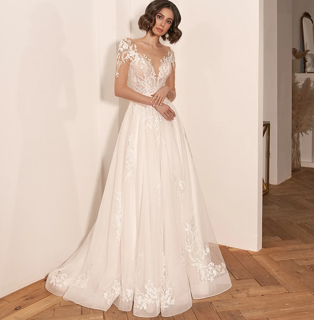 

Elegant A Line Wedding Dresses Lace Appliqued Long Sleeves Sheer Neck Bridal Gowns Sexy See Thru Ruched Vestidos De Mariee