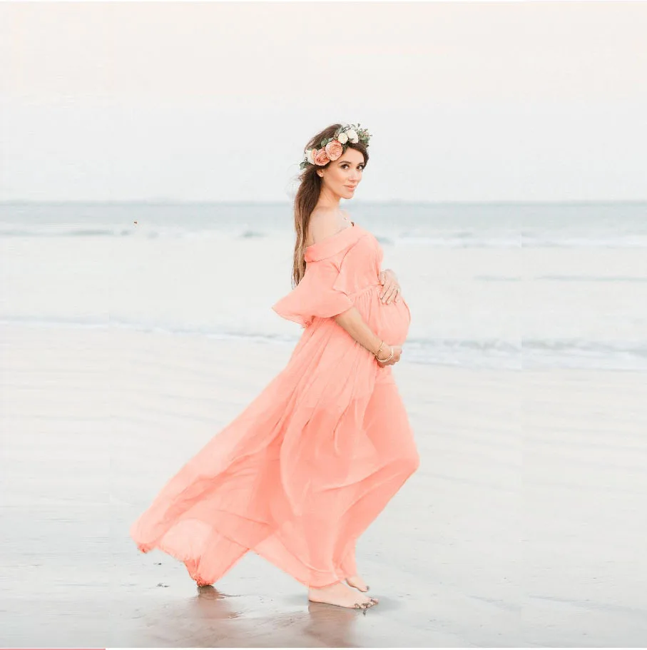 

Women's Romantic Maternity Dress Off Shoulder Flounce Bride Wedding Ruffle Party Photograph Dress for Photo Shoot Baby Shower