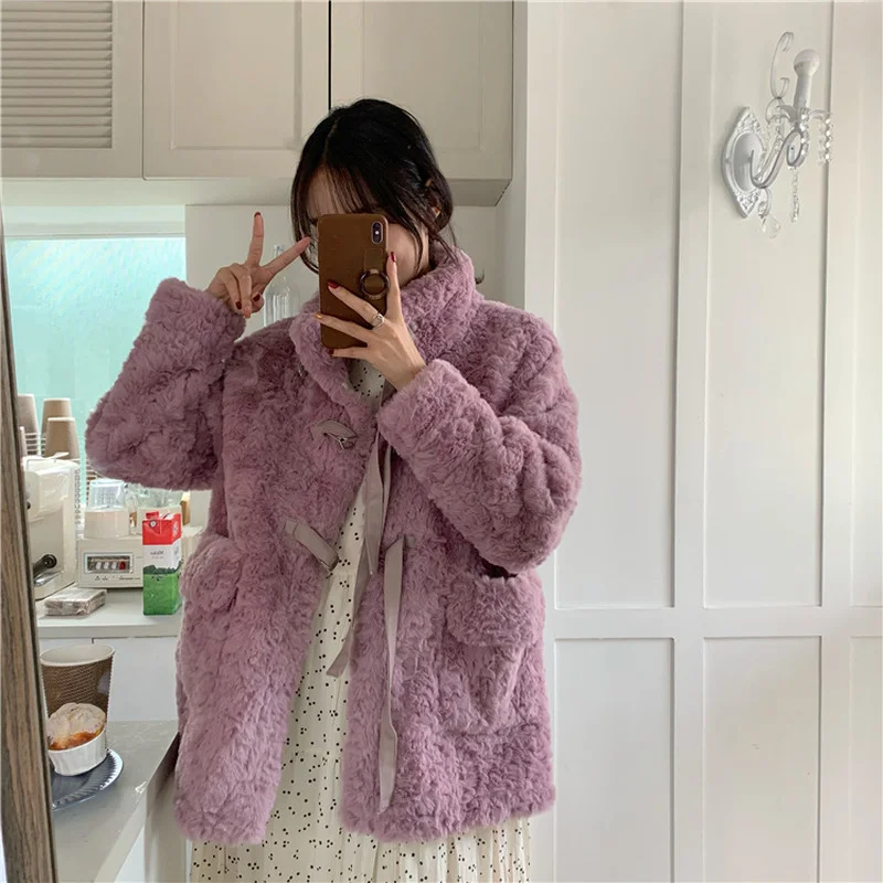 2022 Ladies Fashion Casual Warm Thick Jacket Mid-length Faux Lamb Fur Jacket Loose Winter Bandage Ladies Furry Faux Fur Jacket