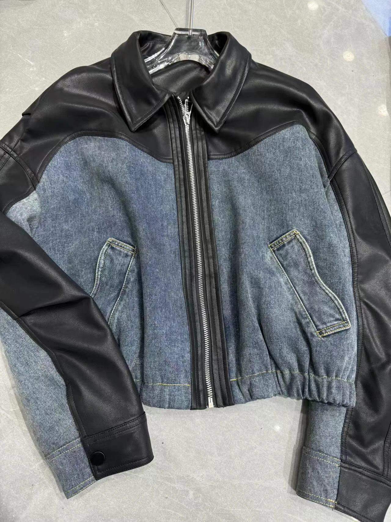 Американское винтажное джинсовое пальто из искусственной кожи с вышивкой