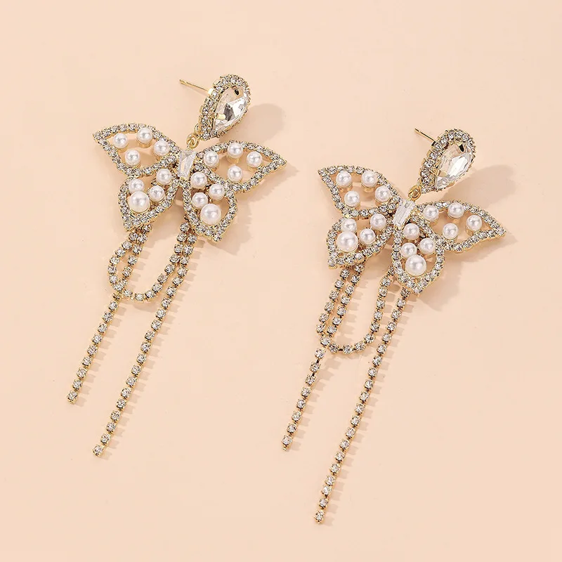 

European and American Women's Micro Inlay Rhinestones Pearl Water Drop Butterfly Tassel Earrings Ins Earrings