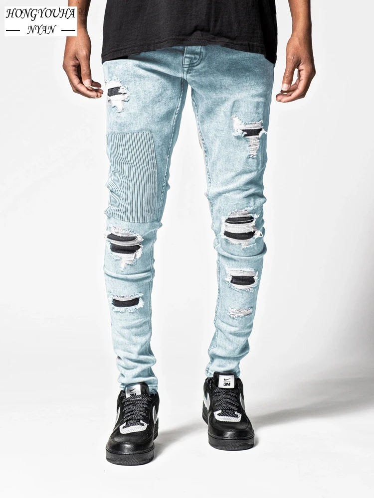 Streetwear Man Slim Patchwork Beggar Patch Ripped Jeans Moto Biker Fashion Pencil Pants Male Denim Trousers Casual Jeans for Men
