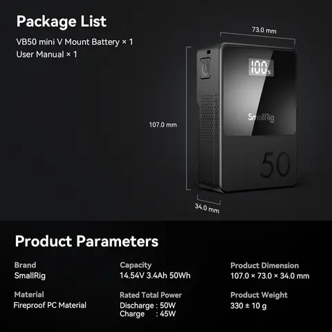 SMALLRIG V Mount Battery VB50 50 Втч 3400 мАч V Lock Аккумулятор с выходом 45 Вт USB-C D-TAP USB-A Двойные порта постоянного тока для видеокамеры