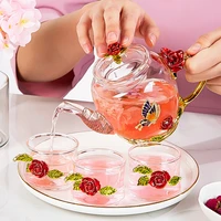 7 piece tea set enamel color water cup pyrex teapot enamel glass flower pyrex coffee maker cup party