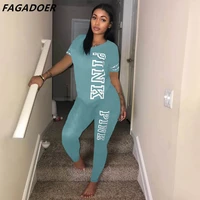 fagadoer casual sport two piece sets women pink letter print short sleeve top and skinny pants tracksuit fashion street outfits