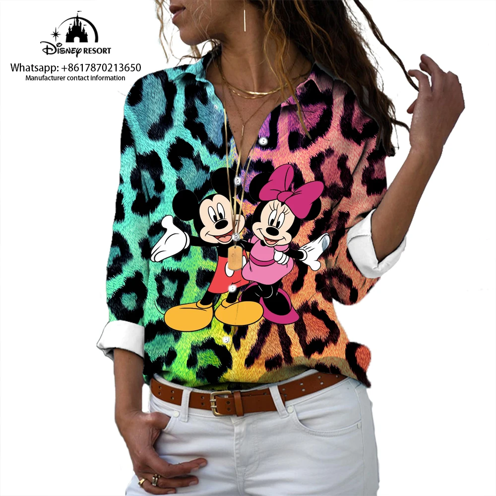 

New Leopard Print Disney Brand Mickey Minnie Anime Fall Women's Harajuku Leopard Print Shirts Fashion Casual Women's Shirts