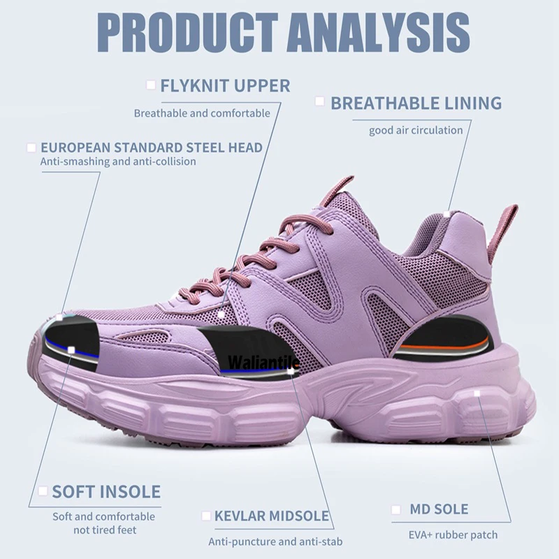 Waliantile Elegant Lady Safety Shoes Sneakers Super Light Daily Work Footwear Puncture Proof Steel Toe Women Indestructible Shoe