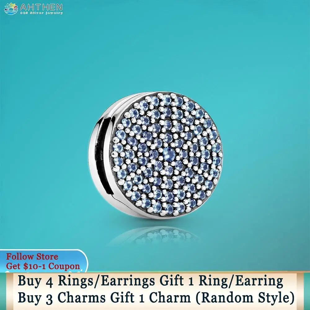 

Ahthen 925 Sterling Silver Bead Round Blue Pave Clip Charms fit Original Pandora Bracelets for Women Jewelry Making Girl Gift