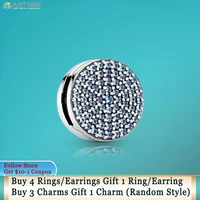 ahthen 925 sterling silver bead round blue pave clip charms fit original pandora bracelets for women jewelry making girl gift
