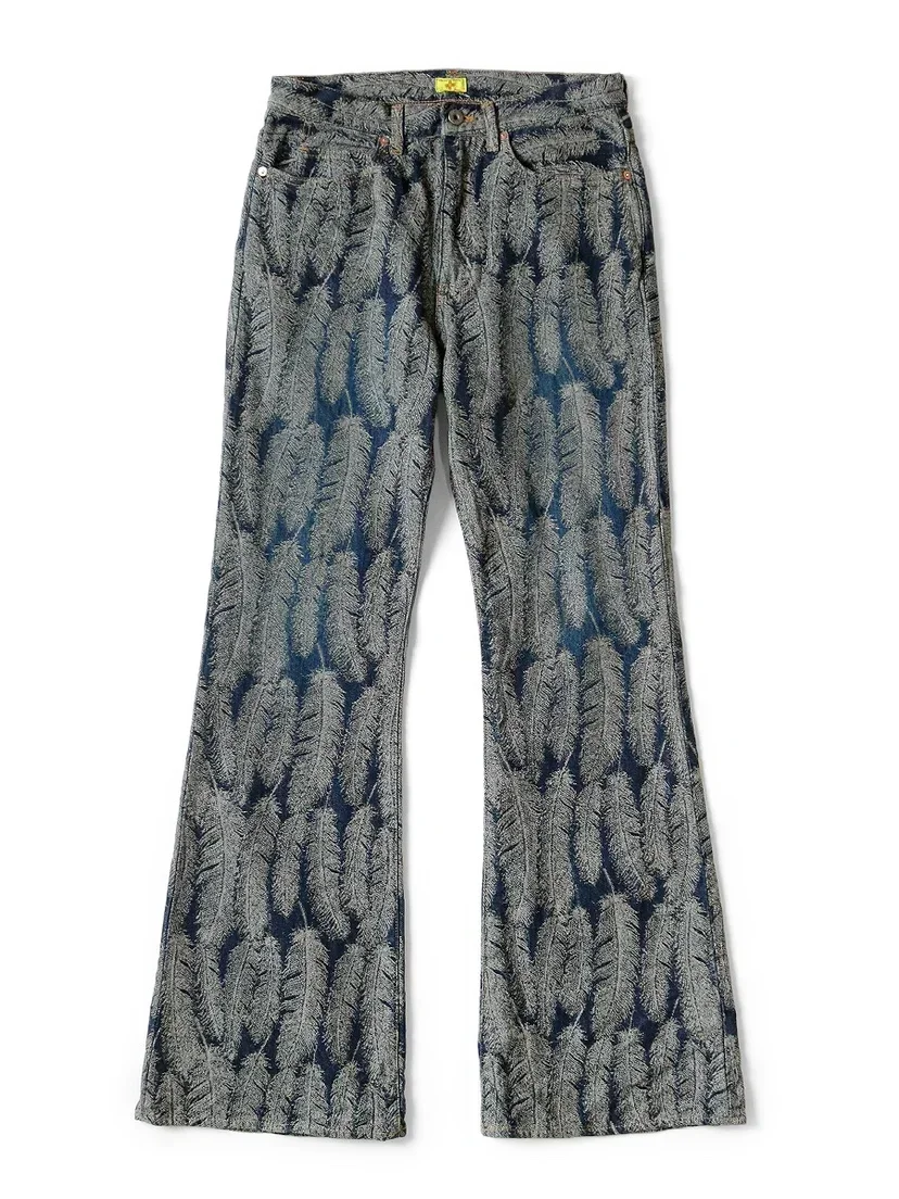 New Japanese Style Hirata and Hiroshi Casual Men's Women's Loose Denim Jacquard Feather Flared Pants Versatile