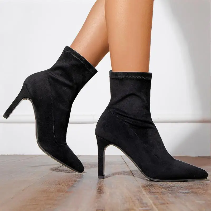 

Ботинки на высоком каблуке, привлекательная женская обувь на осень и зиму, женская обувь из эластичной ткани с острым носком, женские ботинк...