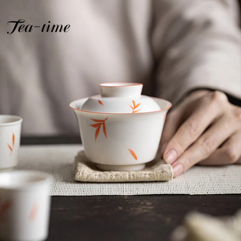 

120ml Boutique Pure Hand-painted Red Leaf Ceramic Tea Tureen Underglaze Color Horseshoe Covered Bowl Tea Making Gaiwan Tea Set