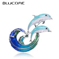 blucome cute animal double blue dolphins shape brooch enamel jewelry pins women clothing scarf bag cartoon accessories badge