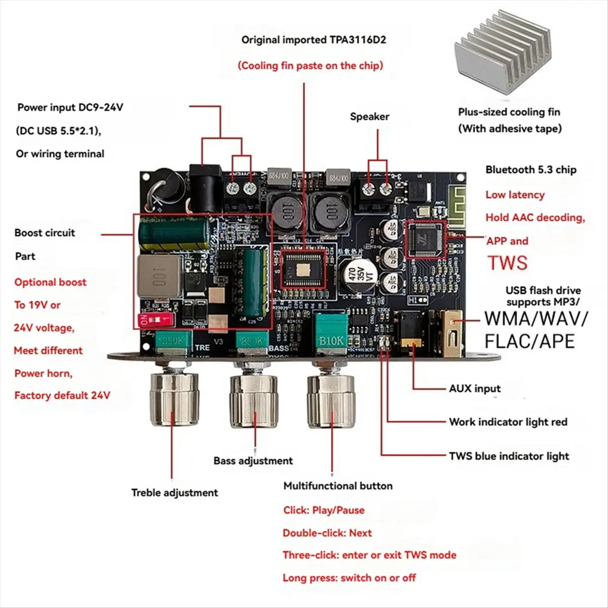 Фото (BOFF) Плата аудиоусилителя TPA3116D2 100 Вт Bluetooth моно с регулировкой Hi-Bass и функцией Boost для самостоятельной сборки усилителя для колонок №2