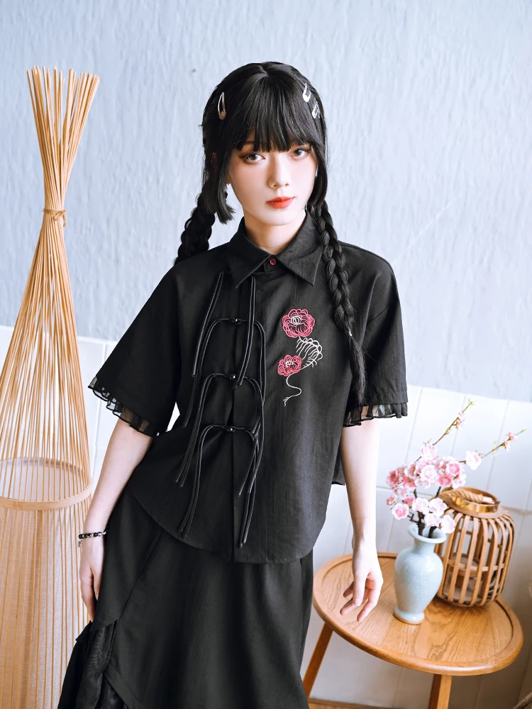 Темно-черный китайский костюм с кисточками женская шифоновая рубашка вышивкой в