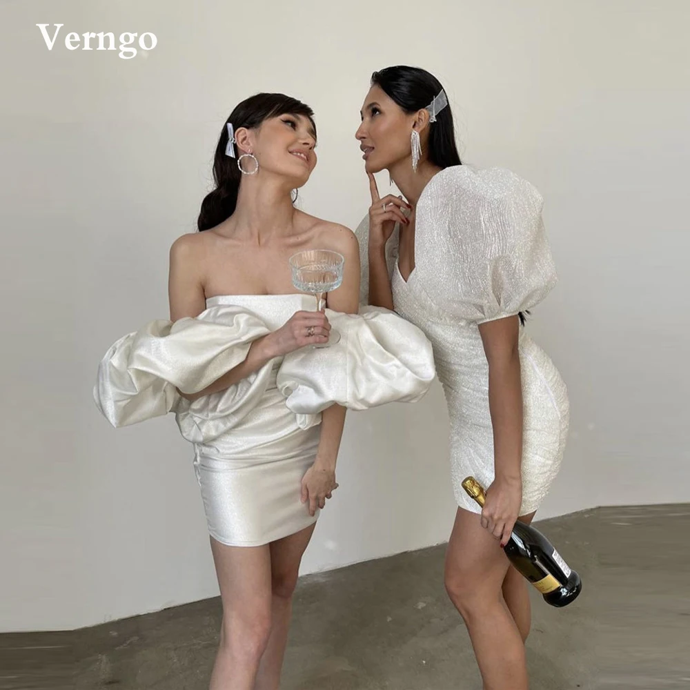

Verngo Simple Satin Short Wedding Party Dresses Strapless Puff Sleeves 2022 Bride Gowns Mini Women Robe de soiree