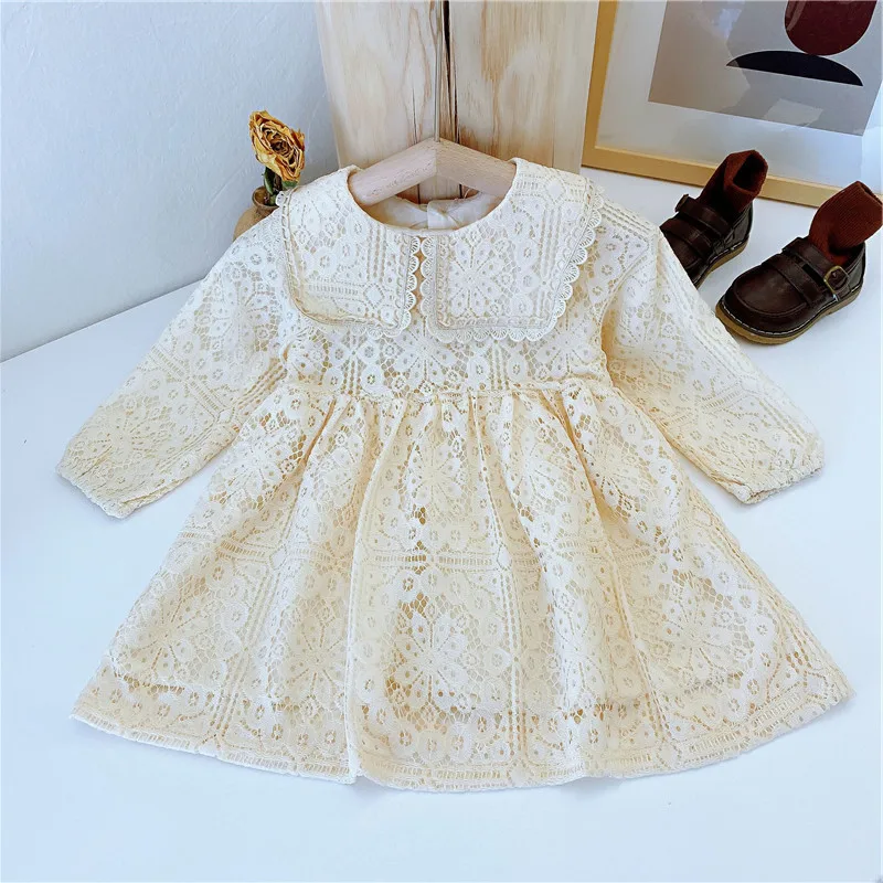 

Платье-трапеция с отложным воротником и длинными рукавами, кружевной простой мягкий Повседневный милый модный новый удобный осенний пулов...