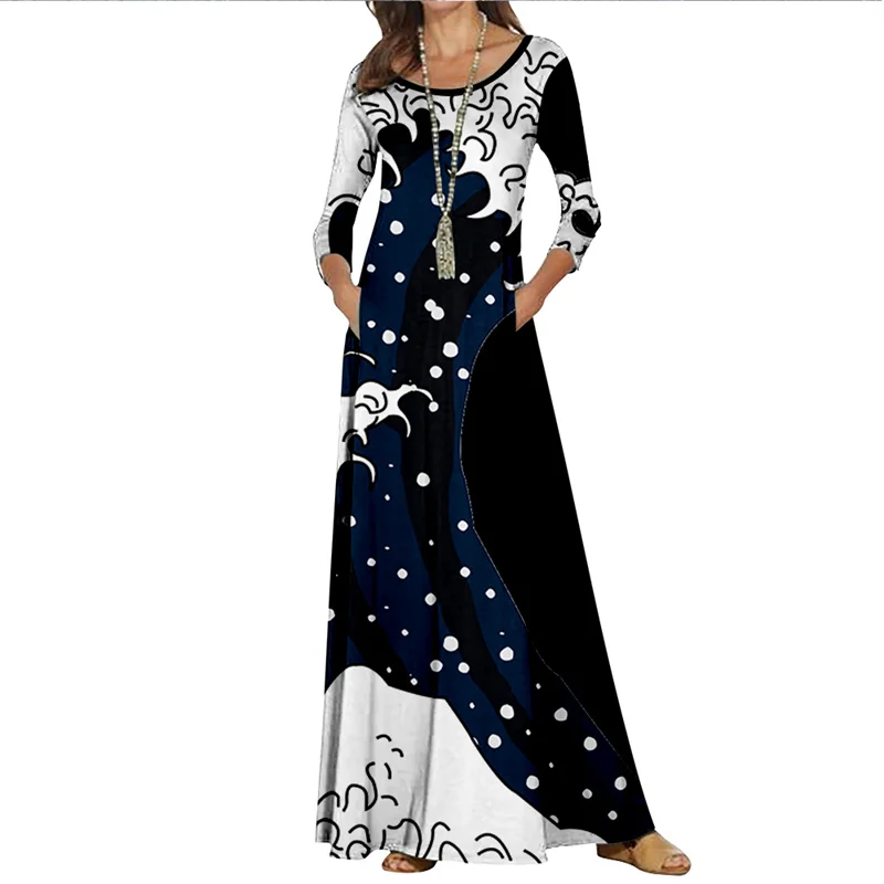 

Платье женское длинное с круглым вырезом, модная коллекция с цветным принтом, одежда для отдыха с перекрестными краями, весна-лето