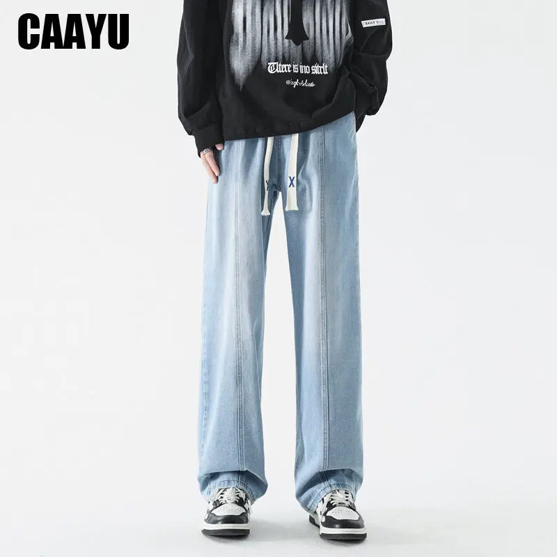 CAAYU 2023 Korean Fashion Jeans Mens Hip Hop Classic Japanese Streetwear Straight-leg Denim Wide-leg Pants Male Light Blue Jeans