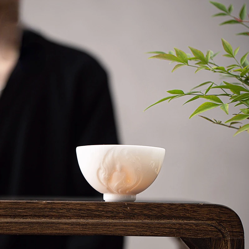 Ice Seed Jade Porcelain Master Cup High Grade Tea Large Hand Relief White | Teacups