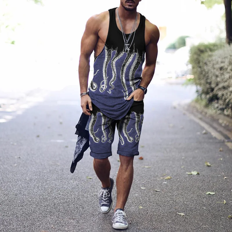 Men's Sleeveless Vest Suit 2022 Summer Fashion Brand Top + Shorts Two-piece Retro Octopus Tentacle 3D Harajuku Outdoor Sportswea