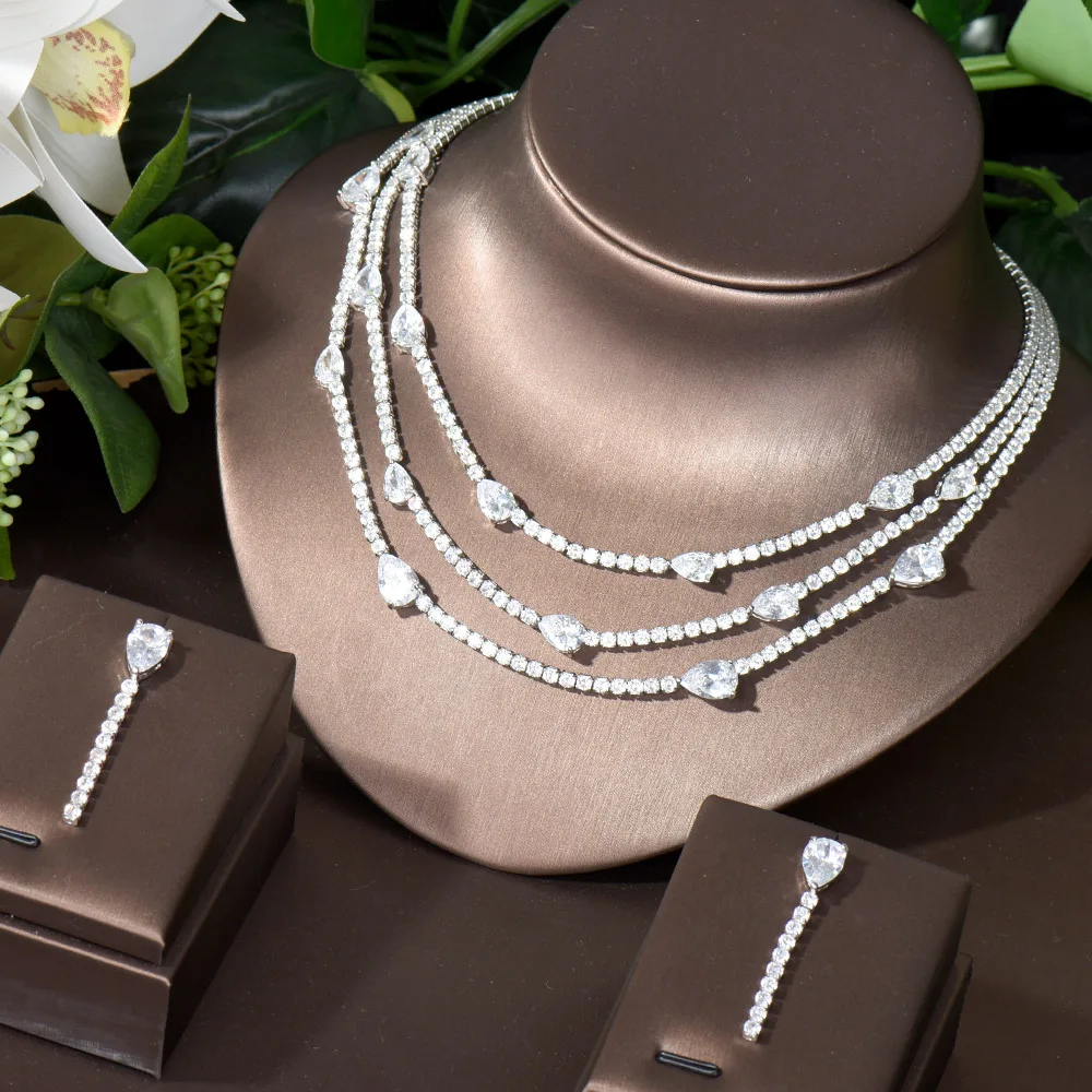 

HIBRIDE Three Layers Water Drop Design Women Necklace And Earring Sets CZ Jewelry Sets For Bridal Wedding Accessories N-319