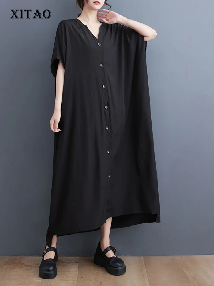 

XITAO/однотонное однобортное платье с v-образным вырезом; Свободное винтажное платье; Новое поступление 2023 года; Сезон лето; Повседневная модная универсальная одежда; HQQ1030