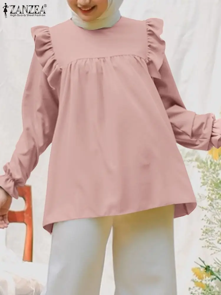

Модная Турецкая мусульманская блузка ZANZEA, Женская туника с расклешенными рукавами и оборками на Подоле с круглым вырезом, топы, Женская Офисная рубашка, Повседневная мусульманская одежда