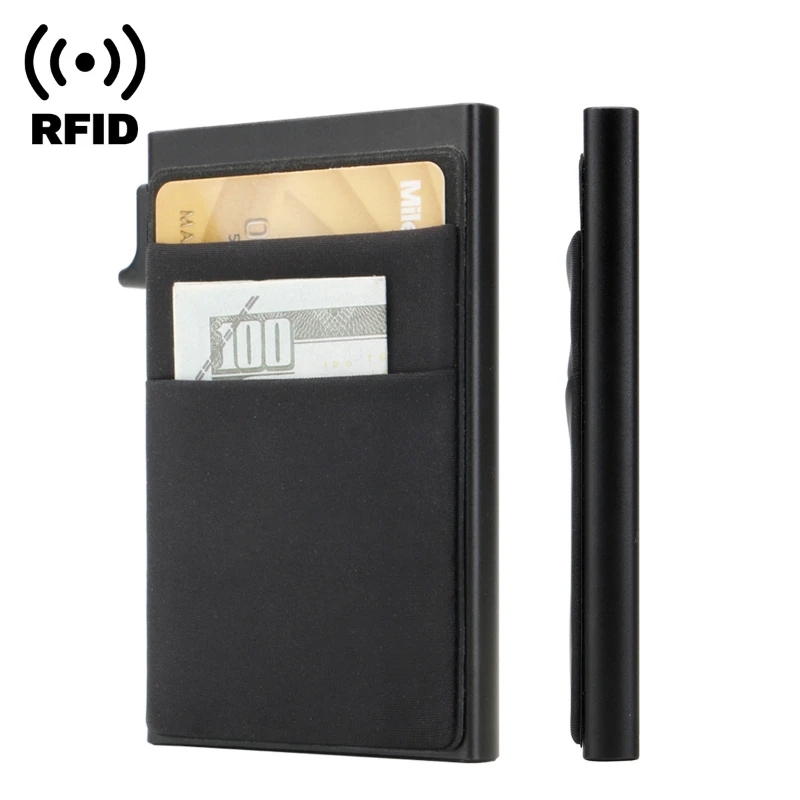

RFID Side Push Anti-theft Brush Multi-card Metal Credit Card Holder Aluminum Alloy Card Box Wallet Multi-functional Cash Clip