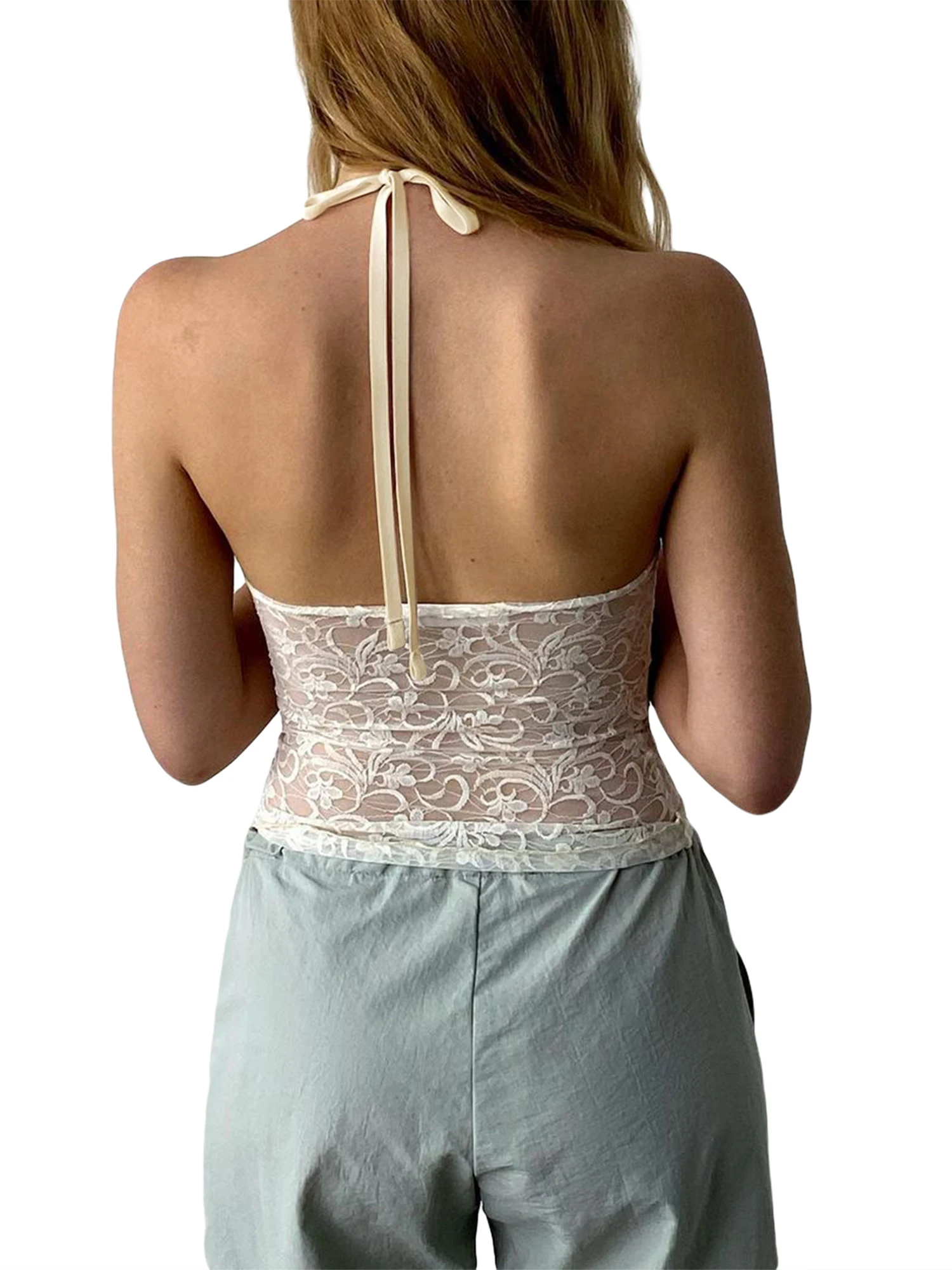 

Женский укороченный топ на бретельках, элегантный цветочный Кружевной укороченный топ с лямкой через шею и открытой спиной, Повседневная летняя одежда для коктейлей