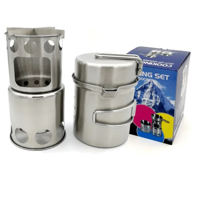 

Outdoor Portable Stainless Steel Wood Stove Set Picnic Camping Cooking Pot Set Outdoor Supplies