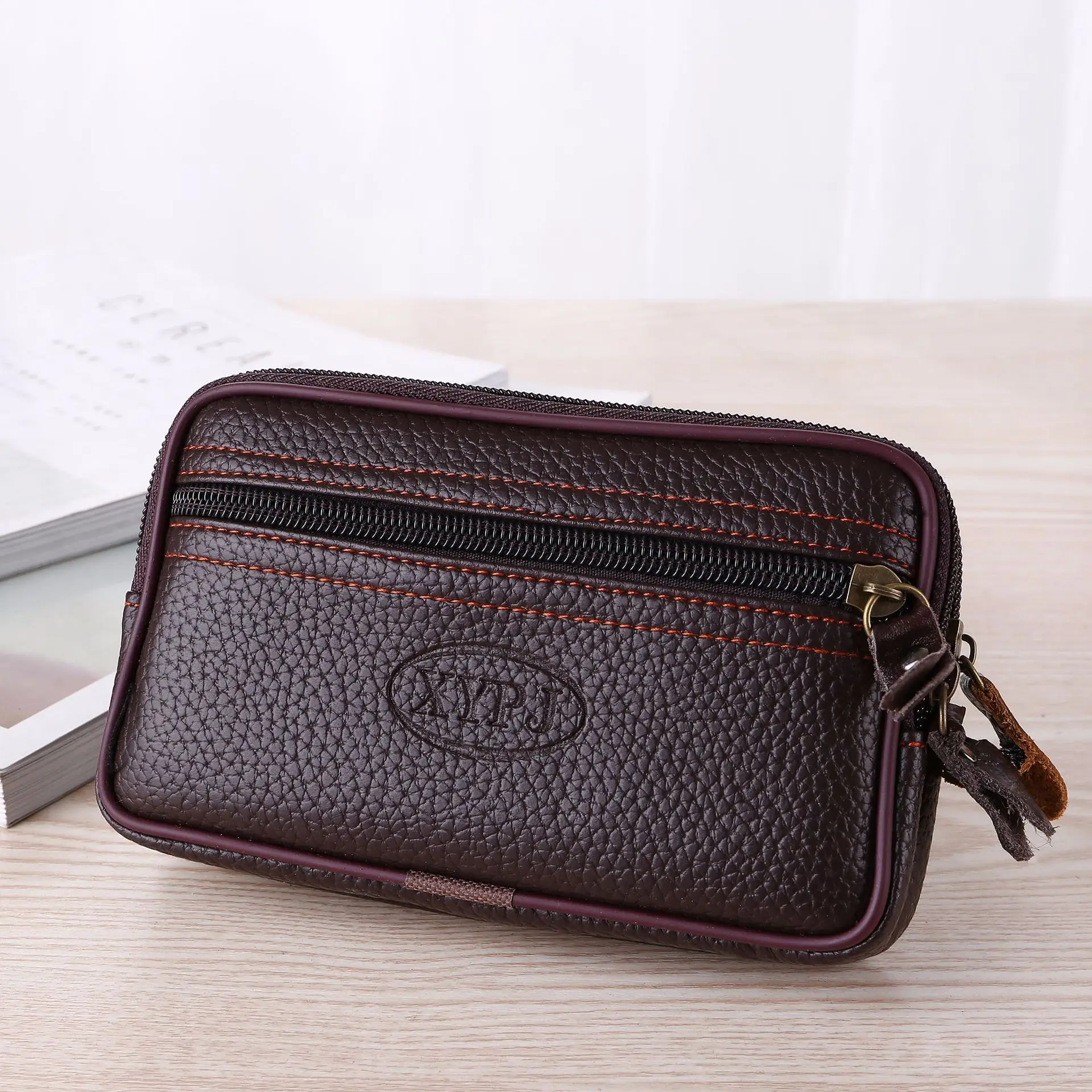 

Men's Large Space Zipper Leather Waistpack Mobile Phone Bag Multi-function Double Soft Leather Wear Belt Card Bag 6 "/6.5"