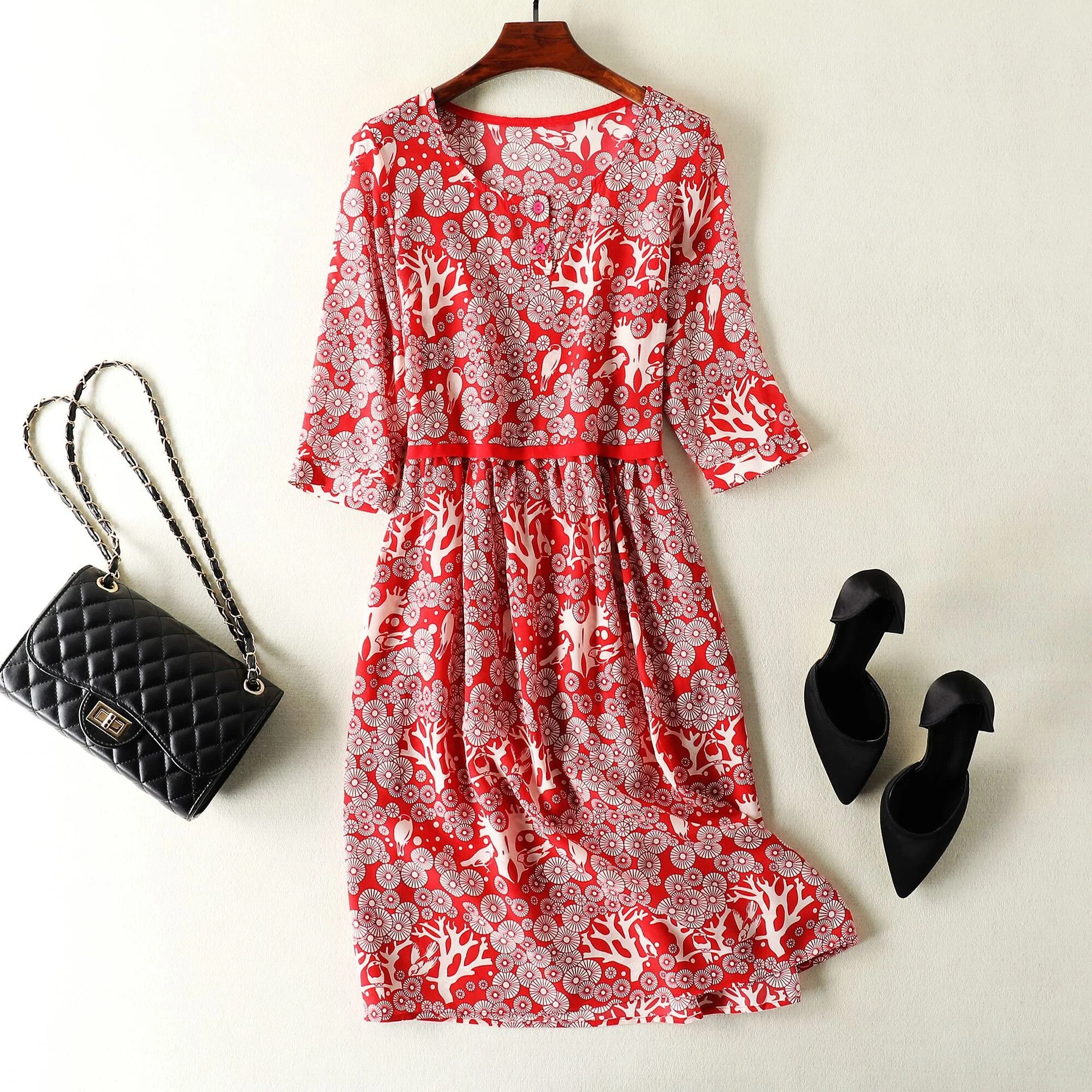 

Платье из натурального шелка, женские летние пляжные платья, женские элегантные платья средней длины с цветочным рисунком, Женские винтажн...