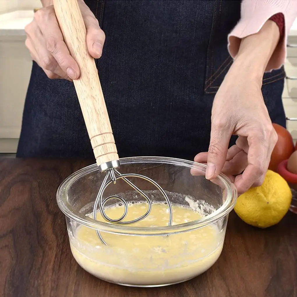 

Stainless Steel Blender For DIY Bread Dough Bakeware Dough Whisk Eggs Beater Mixer Tool Oak Wood Handle Kitchen Baking Mixer