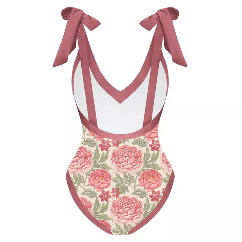 LANSWE Retro Print Deep V Peony One-Piece Swimsuit One-Piece 2023 Women Smock Swimwear Two-Piece Suit Summer Beach Wear Brazil