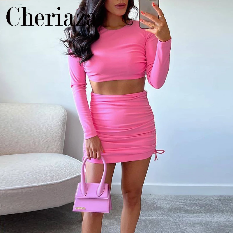 

2022Spring Women's 2 piece set Round Neck Long Sleeves Backless Sexy Short Top +Folds Frenulum High Waist Slim Fit Mini Skirt