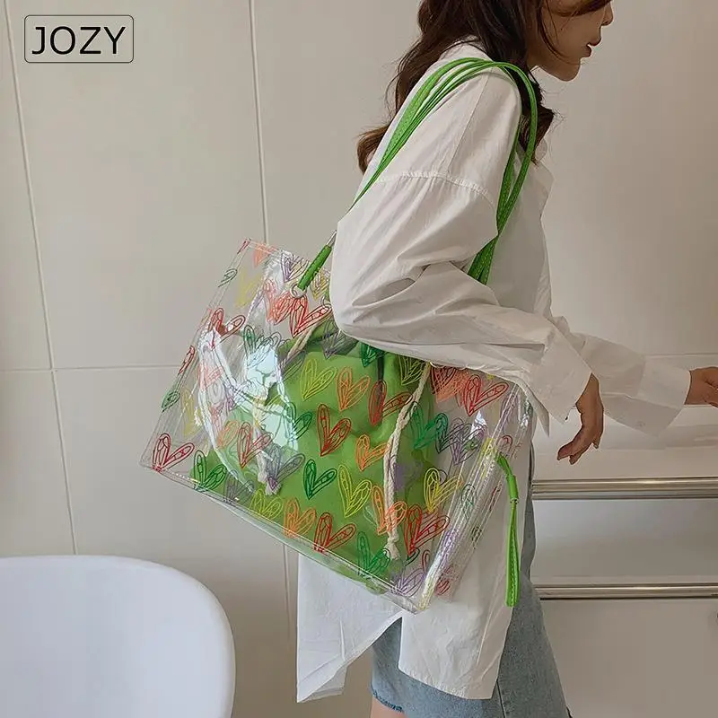 

Transparent Jelly 2pcs Women's Bag 2023 Trend Summer Shoulder Handbag Beach Large-capacity Shopping Letter Graffiti Tote Purse