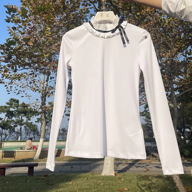 Golf Clothing Women's Long-sleeved Top Fashionable and Versatile Slim Age Reducing Elegant Lace Bottom Shirt
