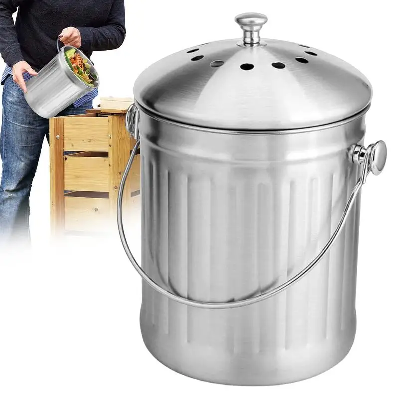 

Compost Bin For Kitchen Countertop Stainless Steel Food Waste Bucket With Lid Family Sized Galvanized Metal Indoor Countertop